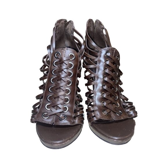 Jessica Simpson Birdy Platform Lace Up Brown Leather High Heels Size 8 - Picture 4 of 11